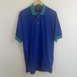 Jonathan Corey Mens Blue Teal Colorblock Pique Polo Shirt Short Sleeve XL Retro